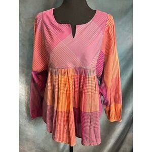 World Market Women's S/M Pink Orange Purple Plaid Babydoll Tunic Top Boho
